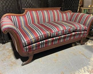 Vintage Carved Wood Stripped Sofa with Clawfeet