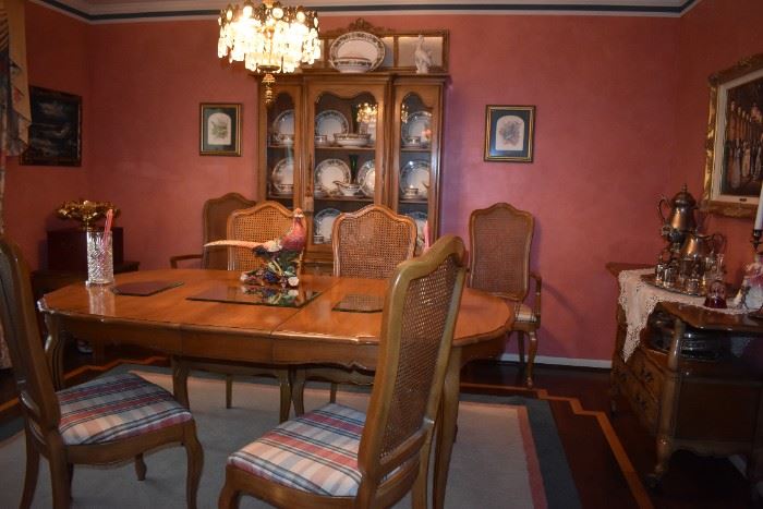 Gorgeous Dining Room Set consisting of Beautiful Table with 8 matching high back, Cane Back Chairs with plaid upholstered seats, plus China Cabinet/Buffet.