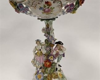 CARL THIEM DRESDEN GERMANY CENTERPIECE FRUIT COMPOTE WITH RETICULATED BOWL. 13.25" TALL. Chips on three flowers