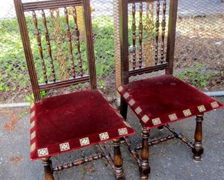 PAIR OF SPANISH HALL CHAIRS. RED VELVET SEATS WITH BRASS FLORETS. GILT BRONZE BACK SPLAT. HAS PAIR OF HERALDIC DOUBLE HEADED EAGLE FINIALS ON THE SIDE RAILS