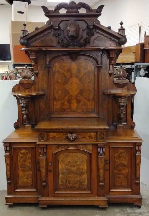 American Aesthetics walnut sideboard in the style of a French hunt cabinet.  Late 19th century. In the manner of  Pottier & Stymus or  Herter Brothers