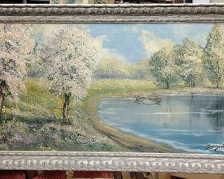 IMPRESSIONIST LANDSCAPE OIL ON CANVAS OF A LAKE SCENE AND BLOSSOMING TREES. 24" X 48". SIGNED Jadwiga 63 lower right