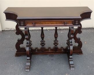 1930s CONSOLE OR HALL TABLE WITH DRAWER. 48" WIDE, 18" DEEP, 33" TALL. ORIGINAL FINISH. MEDITERRANEAN INSPIRED