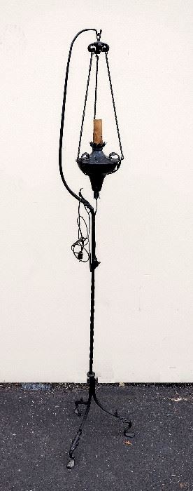 ANTIQUE WROUGHT IRON FLOOR PENDANT LAMP. HAS INLINE BAKELITE TOGGLE SWITCH. 6'1" TALL