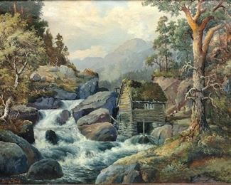 JENS TVEDT (1901-1988) MOUNTAIN RIVER LANDSCAPE OIL ON CANVAS WITH CABIN