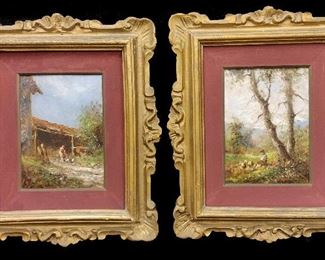  PAIR OF SMALL OIL PAINTINGS ON FIBER PANELS IN ITALIAN TYPE WOOD FRAMES. DEPICTS FARM SCENE AND A PASTORAL SHEEP SCENE