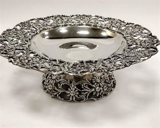 THEODORE B. STARR NEW YORK (1890-1924) STERLING SILVER COMPOTE. 9.5" SHALLOW BOWL WITH RETICULATED ROCOCO STYLE FLORAL EDGES.  25.67 troy ounces
