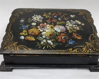 VICTORIAN PAPIER MACHE ESCRITOIRE LAP DESK. AS IS. HAND PAINTED TOP ACCENTED WITH MOTHER OF PEARL. 19TH CENTURY ENGLISH. CLOSED SIZE 12 7/8" x 10". As is: two corners of the lid missing, chips on base, no lock latch