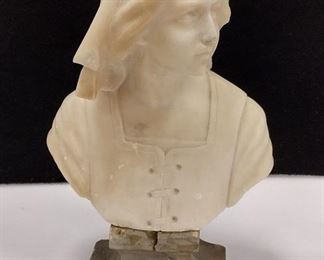 ITALIAN ALABASTER BUST OF JOAN OF ARC. Height 10" tall including the base. Condition: chips on edges, stand is chipped and repaired