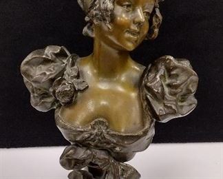 METAL BUST OF A FRENCH WOMAN, MOUNTED ON WHITE ONYX BASE. 11" TALL