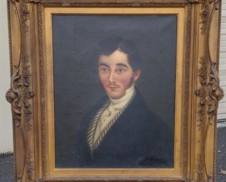 ANTIQUE PORTRAIT OIL ON CANVAS OF A GENTLEMAN, IN ORNATE FRAME. 16"X 20" CANVAS. Condition: repaired/painted area above eyebrow