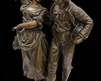 FRENCH METAL SCULPTURE TITLED FETE DU VILLAGE. 18.5" TALL. DEPICTS A COUPLE DANCING. Condition: old repair on arms, missing one finger