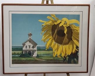 HARRY DEVLIN SUNFLOWER LITHOGRAPH. PENCIL SIGNED AND NUMBERED API/50. FRAMED AND DOUBLE MATTED UNDER GLASS