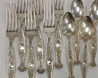 WHITING STERLING FLATWARE, SET OF SIX 7.5" DINNER FORKS AND FOUR 5.75" TEASPOONS. HYPERION PATTERN. 11.88 TROY OUNCES.