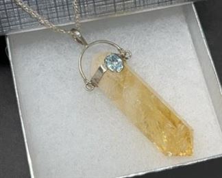 Sterling Quartz Crystal Gem Necklace on 18” 925