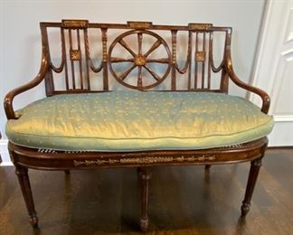 Inlaid settee with caned seat & silk cushion  $575.00               37"h x 45.5"w x 20"d