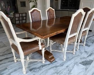  Inlaid Italian iron trestle dining table with 6 painted embossed leather chairs         