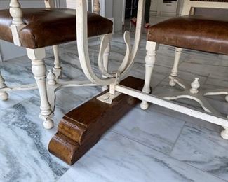  Inlaid Italian dining table with 6 painted embossed leather chairs      