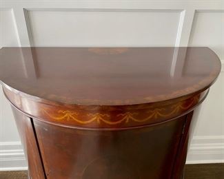 Inlaid mahogany demilune cabinet - locked door 