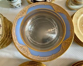 Blue & gold glass dinner plates  11 pc.  $200.00