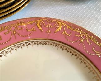 Minton's pink & gilt rim dinner plates  5pc.                                  From Tiffany's