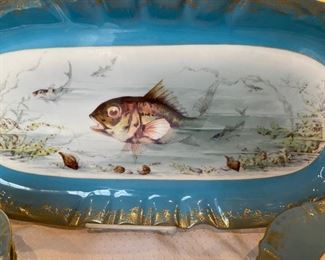 Hand painted Haviland Limoges fish set                        signed L. Martin platter 23”, gravy, 12 plates 9”