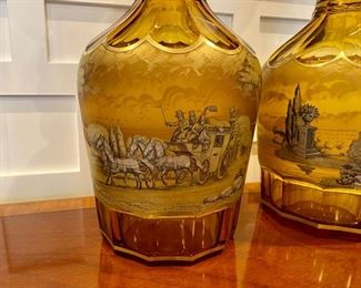 Impressive pair painted Bohemian amber glass stoppered bottles or decanters $950.00  31"h