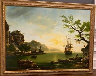 Oil painting of three-masted ship in a cove   $900.00                   frame size 42"h x 54"w    unsigned