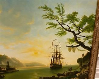 Oil painting of three-masted ship in a cove   $900.00                   frame size 42"h x 54"w    unsigned