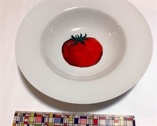 Large Pasta Serving Platter - Crate and Barrel ($20)
Large Rimmed Serving TOMATO Pasta Bowl
Crate & Barrel's contemporary porcelain large whimsical design represents a fusion of refinement and rusticity. 
The finish is smooth to not harm tables and gives each piece an artisanal look.
Diameter: 14" Height: 3"in excellent condition 