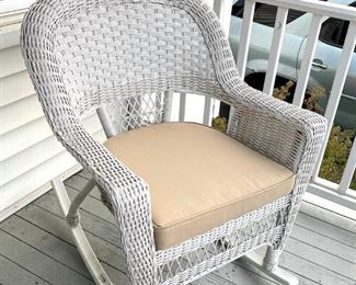 Two (2) Wicker rocking chairs all-weather
($100)

Large and comfy!
Resin over steel
These two rockers have a lot of life left in them.
One is in mint condition
One has a tear under the cushion 
We paid $375 for the pair. 
You can take them both for $100.