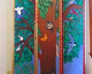 Wood Privacy Screen/Room Divider - Hand-Painted
$30

Height: 70 inches - Panels are 17" Wide

This painted room divider pays tribute to the forest. The tree and its leaves are vibrant with unfinished trim in acrylic. You can use it as is or repaint it any color of your choosing. 
