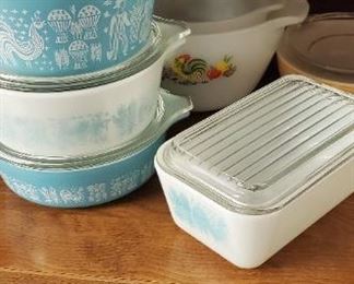 Turquoise and white Amish Butterprint lidded dishes