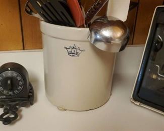 1 gallon crock and kitchen utensils 