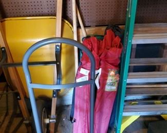 Wheelbarrow, ladder collapsing chairs 