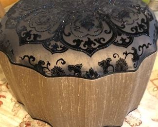FANCY ROUND OTTOMAN WITH BLACK BEADED TOP $125
