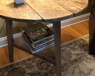 VINTAGE RUSTIC CRICKET TABLE WITH TRIANGULAR LOWER SHELF $165
