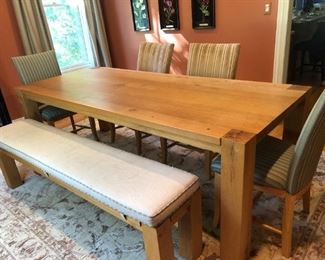 SOLID WOOD DINING TABLE 90" L x 38 w W/ BENCH 72 L  AND 4 CHAIRS $895  Crate & Barrel 
