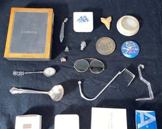 Miscellaneous catch-all lot with silver plated spoons, wood box, empty jewelry boxes, and more