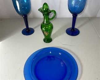 Blue and green vintage glassware