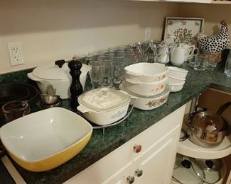 Pyrex, corningware, pots, pans, lids