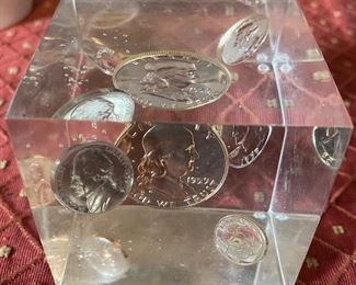Some Silver Coins in Acrylic Paperweight