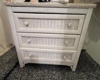 Vintage Henry Link white wicker 3-drawer dresser/end table.