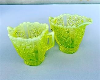 Vintage Opalescent YELLOW Uranium Vaseline Depression Glass Creamer and Sugar