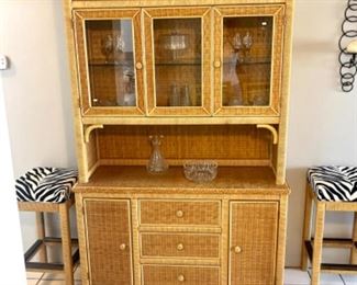 Vintage Henry Link Wicker Buffet with Hutch Top Lighted Glass Door Shelves. Pristine Condition.