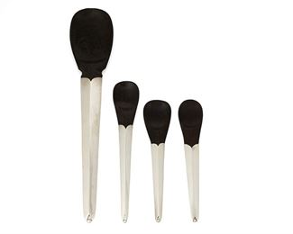 1012
A Group Of William Spratling Sterling Silver And Ebony Spoons
William Spratling (1900-1967)
Circa 1964-1967, Third Design Period; Taxco, Mexico
Each stamped for William Spratling and sterling; Further stamped: [Eagle 30]
Comprising one large spoon and three smaller spoons, each with a sterling silver handle and an ebony bowl

Largest: 11.375" L; smallest: 6.125" L
5.715 gross oz. troy approximately
Estimate: $600 - $800