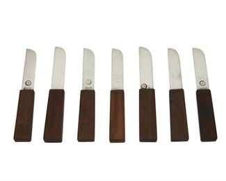 1015
A Set Of William Spratling Rosewood Butter Knives
William Spratling (1900-1967)
Circa 1931-1946, First Design Period; Taxco, Mexico
Stamped for William Spratling and Spratling silver
Seven rosewood handled butter knives with sterling silver blades, 7 pieces

Each: 5" L
4.975 gross oz. troy approximately
Estimate: $300 - $500