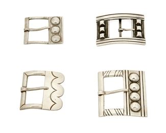 1068
A Group Of William Spratling Silver Belt Buckles
William Spratling (1900-1967)
Circa 1933-1938 and 1944-1946, First Design Period, Taxco, Mexico
Each stamped for William Spratling; Further variously stamped: Taxco / 980 / Made in Mexico / Sterling
Comprising four sterling belt buckles with various incised and applied geometric designs, 4 pieces

Largest: 2" H x 1.875" W
111.6 grams
Estimate: $500 - $700