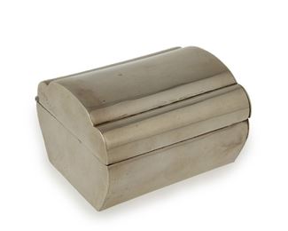 1069
A William Spratling Sterling Silver Domed Box
William Spratling (1900-1967)
Circa 1940-1944, First Design Period; Taxco, Mexico
Stamped for William Spratling; Further stamped: Spratling Silver
Sterling silver vanity box with hinged and scalloped "pillow" lid

2.375" H x 3.25" W x 3" D
7.415 oz. troy approximately
Estimate: $600 - $800