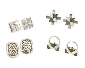 1078
A Group Of William Spratling Silver Earrings
William Spratling (1900-1967)
Circa 1940-1944, 1944-1946, and 1949-1951, First and Second Design Period; Taxco, Mexico
Each stamped for William Spratling; Further variously stamped: Made in Mexico / Silver / de Mexico / Sterling / [Eagle 13]
Comprising four pairs of sterling earrings including a pair of incised square silver earrings (0.875" H), a pair of petate weave design earrings (1.25" H), a pair of silver and azurmalachite earrings with stylized arrows and silver loops (1.375" H), and a pair of azurmalachite and silver star earrings (1.375" H), 8 pieces

82.0 grams gross
Estimate: $800 - $1,200